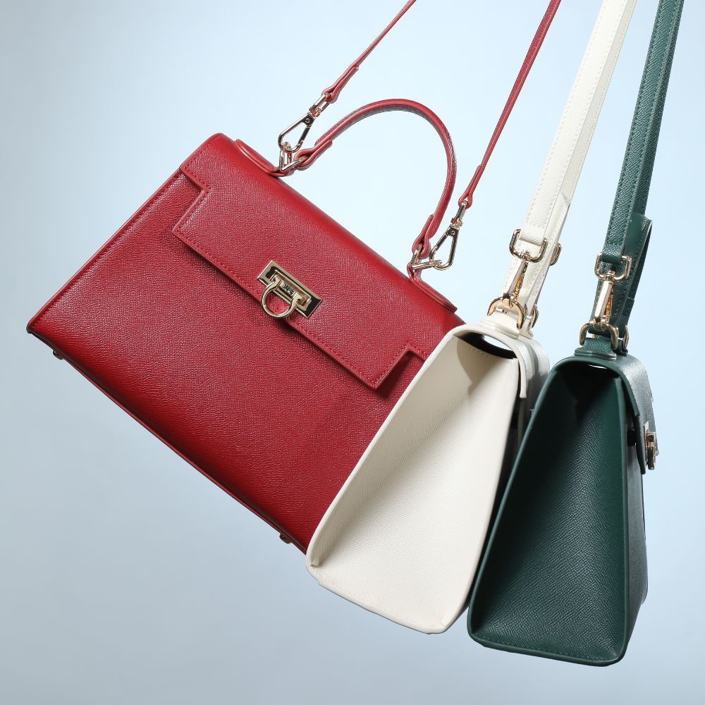 Layla luxury handbags in red, cream and green, comes with adjustable strap to be woren as shoulder bag or crossbody