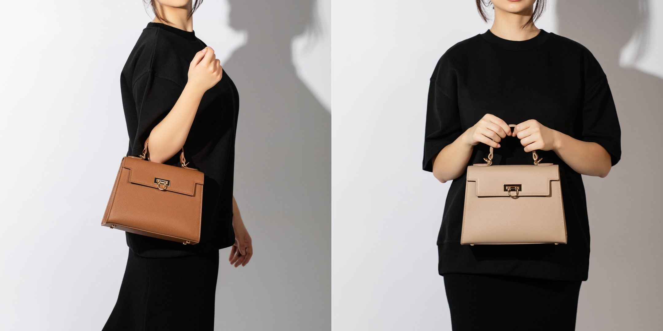 Fashionable women in monochrome outfits, clutching designer handbags by levantine